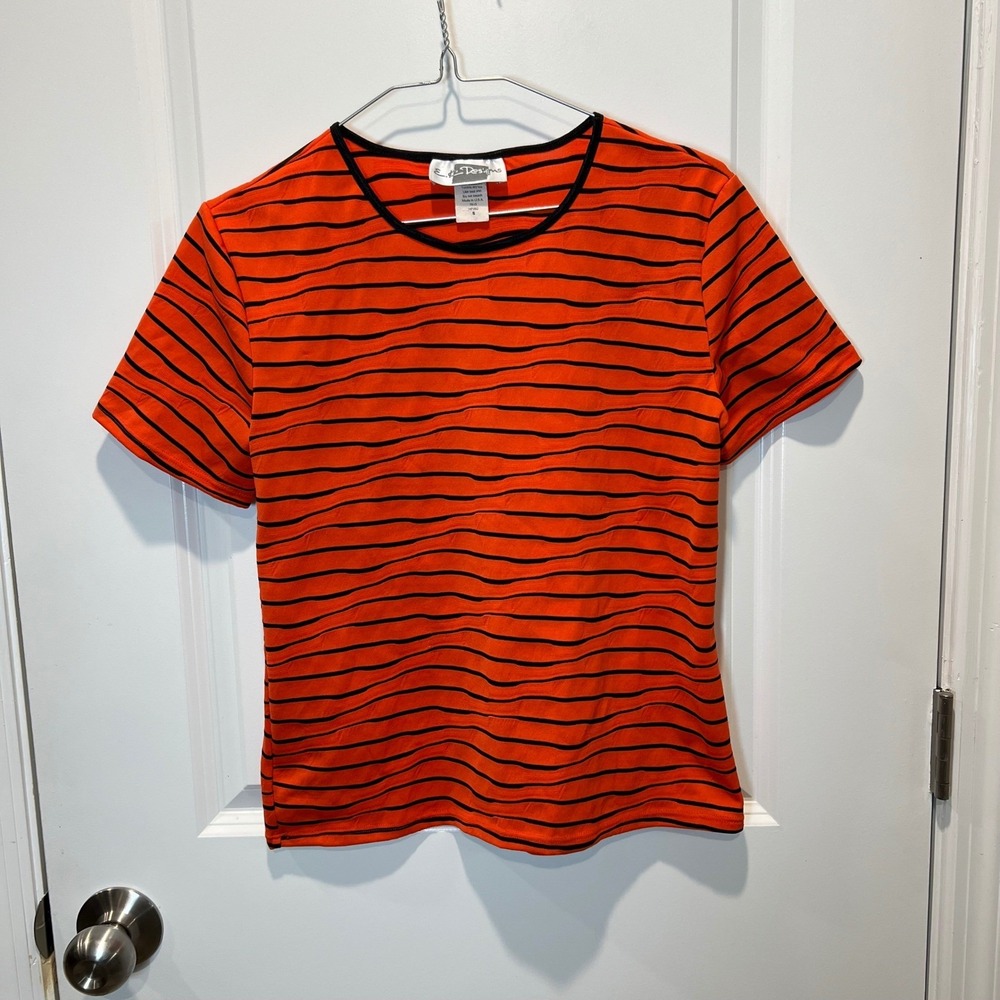 E.D. Designs Womens Orange Black Striped Textured Short Sleeve Top‎ Small USA